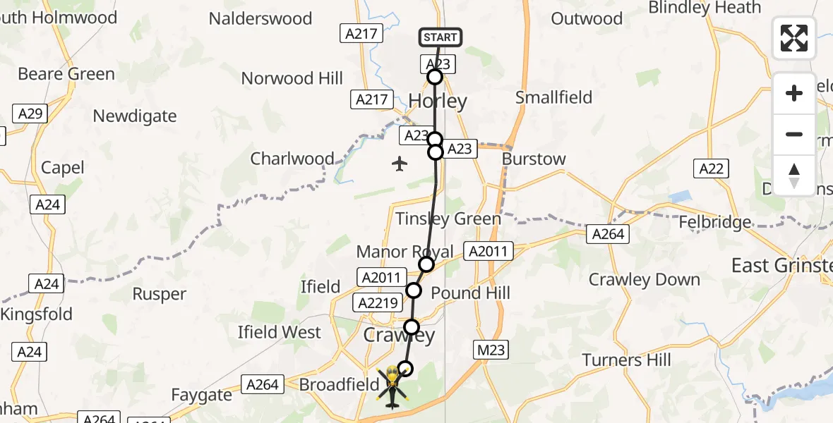 Routekaart van de vlucht: Police Helicopter to Tilgate, Worcester Road