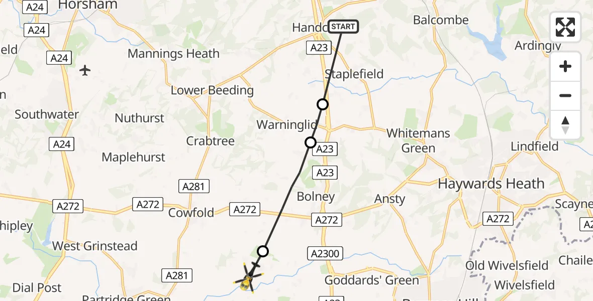 Routekaart van de vlucht: Police Helicopter to Mid Sussex, Wineham Lane