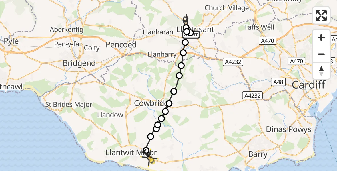 Routekaart van de vlucht: Police Helicopter to Boverton, B4265