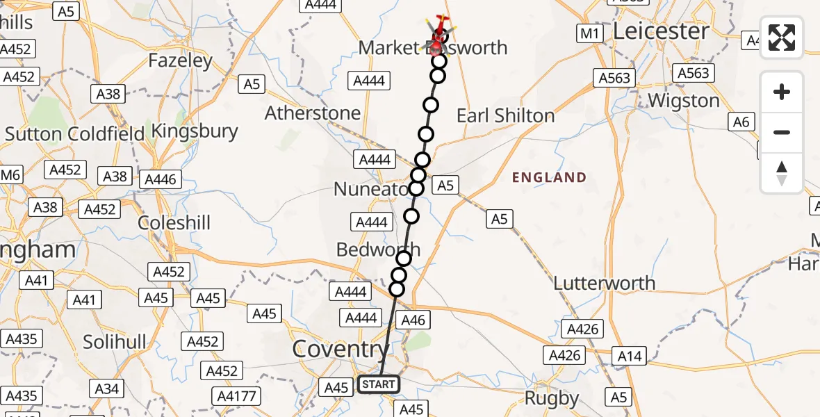 Flight route map: Air Ambulance Helicopter to Market Bosworth, Barton Road