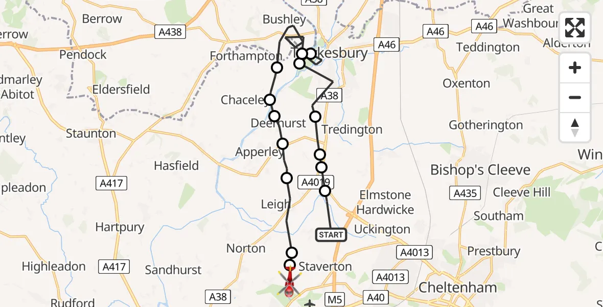 Routekaart van de vlucht: Air Ambulance Helicopter to Down Hatherley, Down Hatherley Lane