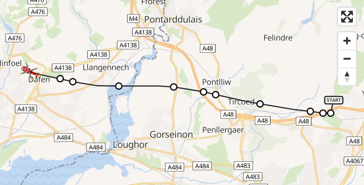 Flight route map: Air Ambulance Helicopter to Dafen, Dafen