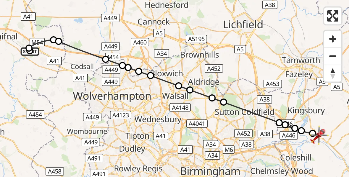 Flight route map: Air Ambulance Helicopter to Nether Whitacre, Tamworth Road