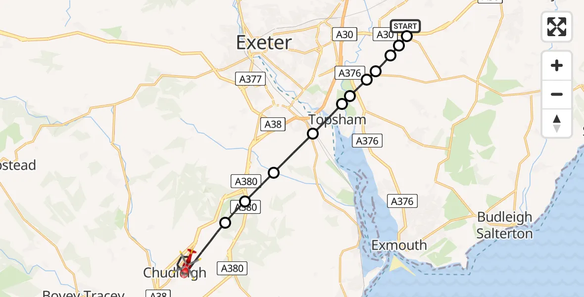 Flight route map: Air Ambulance Helicopter to Chudleigh, Chudleigh