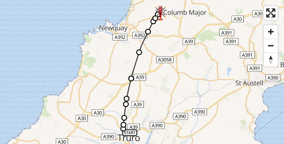Flight route map: Air Ambulance Helicopter to Cornwall Airport Newquay, Cornwall Airport Newquay