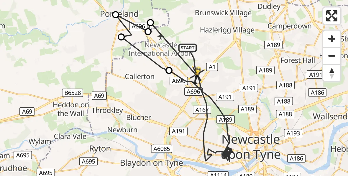 Flight route map: Police Helicopter to Newcastle upon Tyne, Brunton Lane