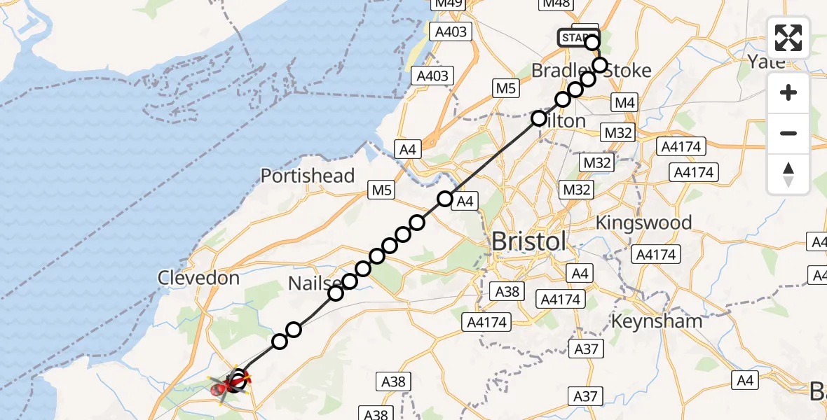 Flight route map: Air Ambulance Helicopter to Yatton, Biddle Street