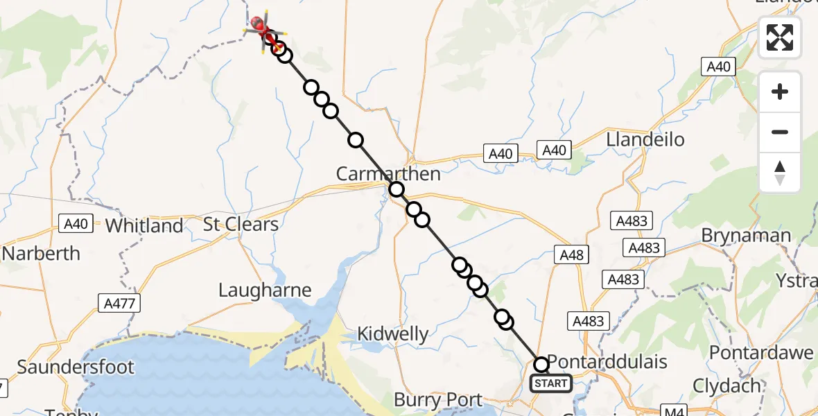 Routekaart van de vlucht: Air Ambulance Helicopter to Cynwyl Elfed, Cynwyl Elfed