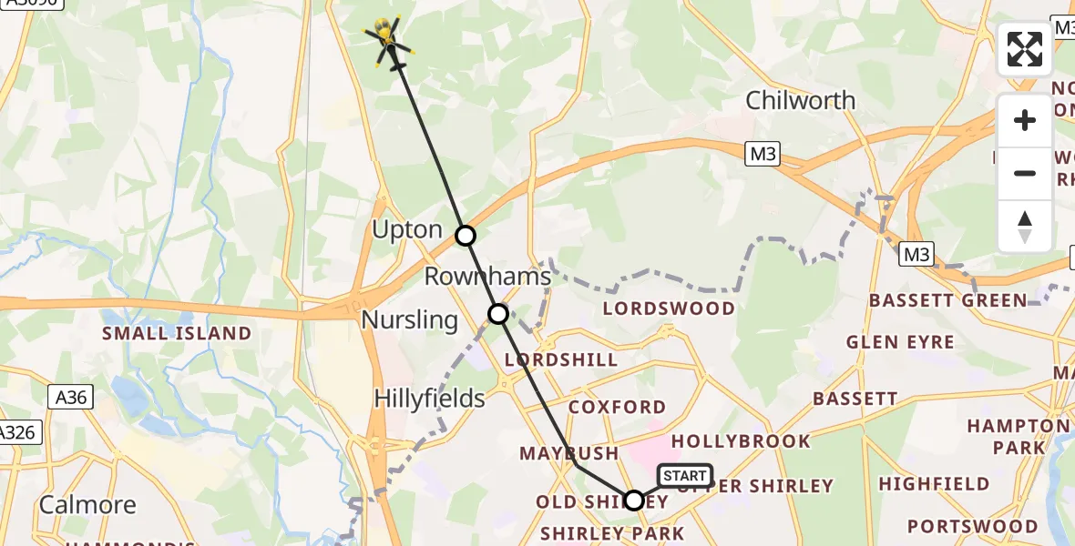 Flight route map: Police Helicopter to Test Valley, Hoe Lane