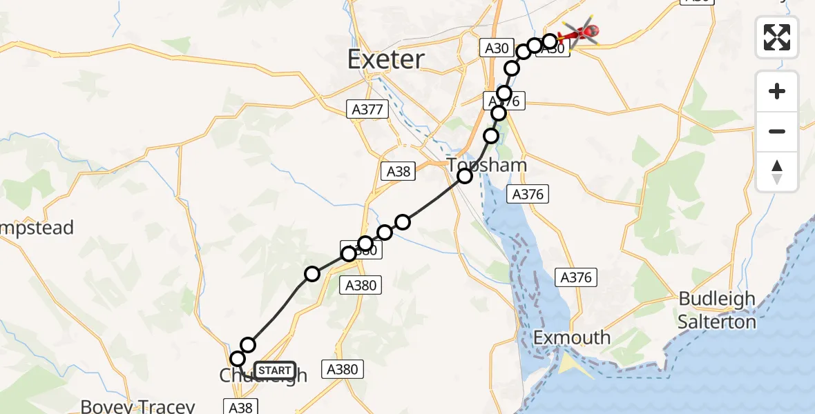 Flight route map: Air Ambulance Helicopter to Exeter International Airport, Exeter International Airport