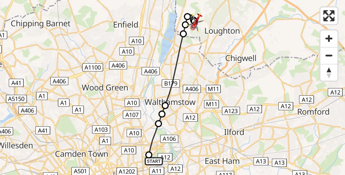 Flight route map: Air Ambulance Helicopter to Metropolitan Police Air Support Unit Lippitts Hill, Metropolitan Police Air Support Unit Lippitts Hill