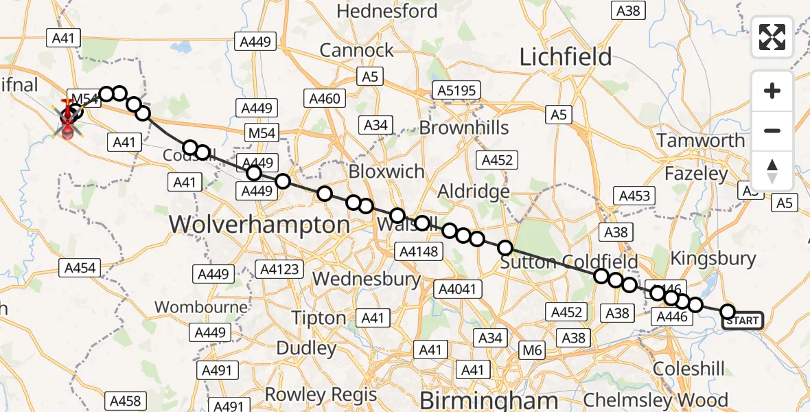 Routekaart van de vlucht: Air Ambulance Helicopter to Cosford, Airbase Avenue