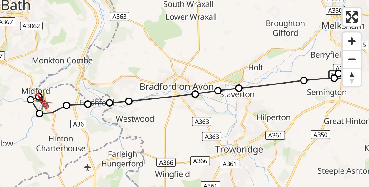 Routekaart van de vlucht: Air Ambulance Helicopter to Wellow, Two Tunnels Greenway
