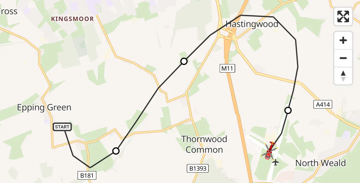 Routekaart van de vlucht: Air Ambulance Helicopter to North Weald Airfield, North Weald Airfield
