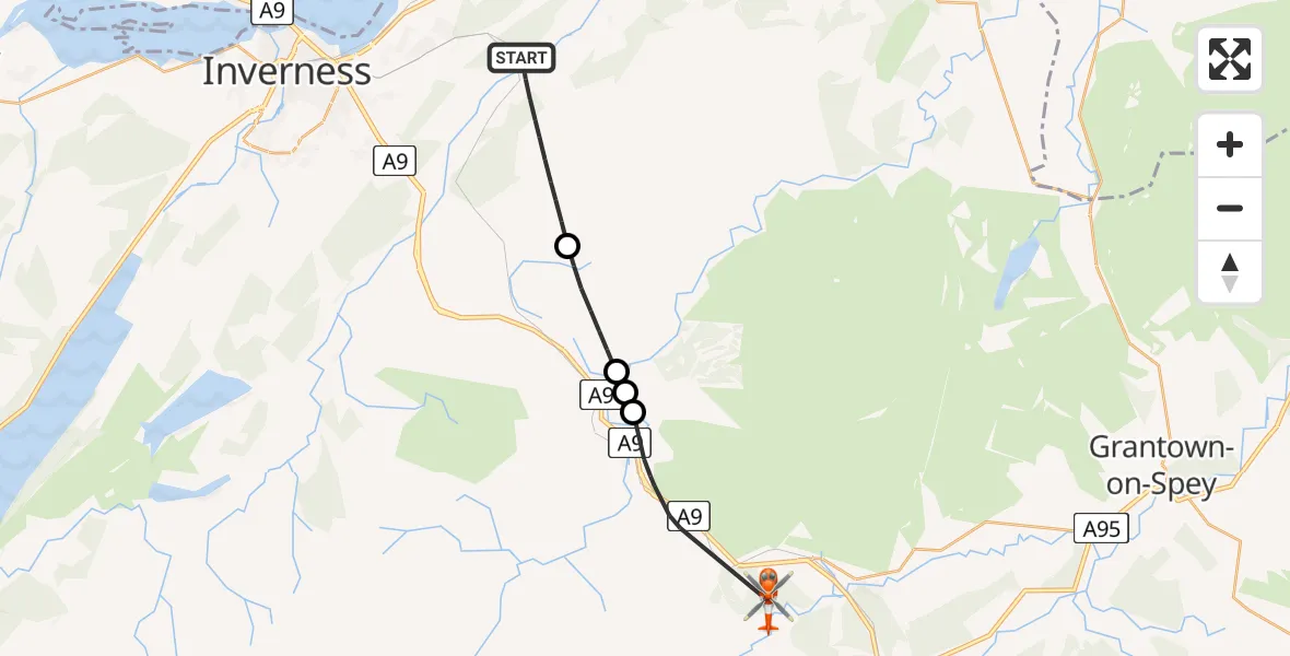 Flight route map: Coastguard Helicopter to Tomatin, B9006