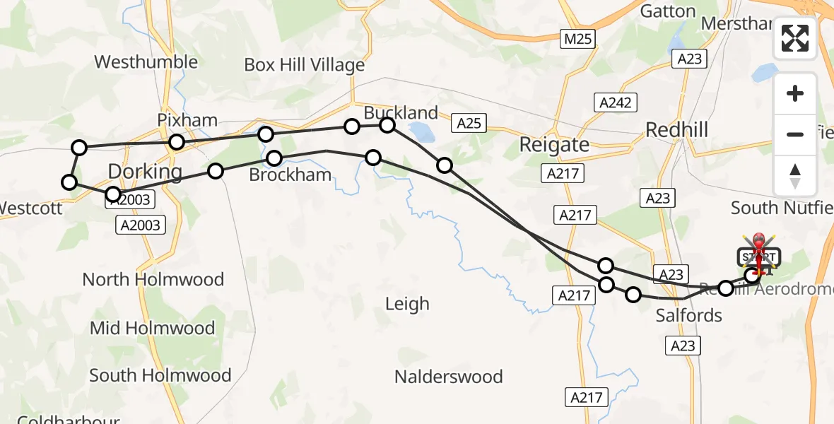 Flight path map showing Air Ambulance Helicopter route from Redhill Aerodrome to Redhill Aerodrome