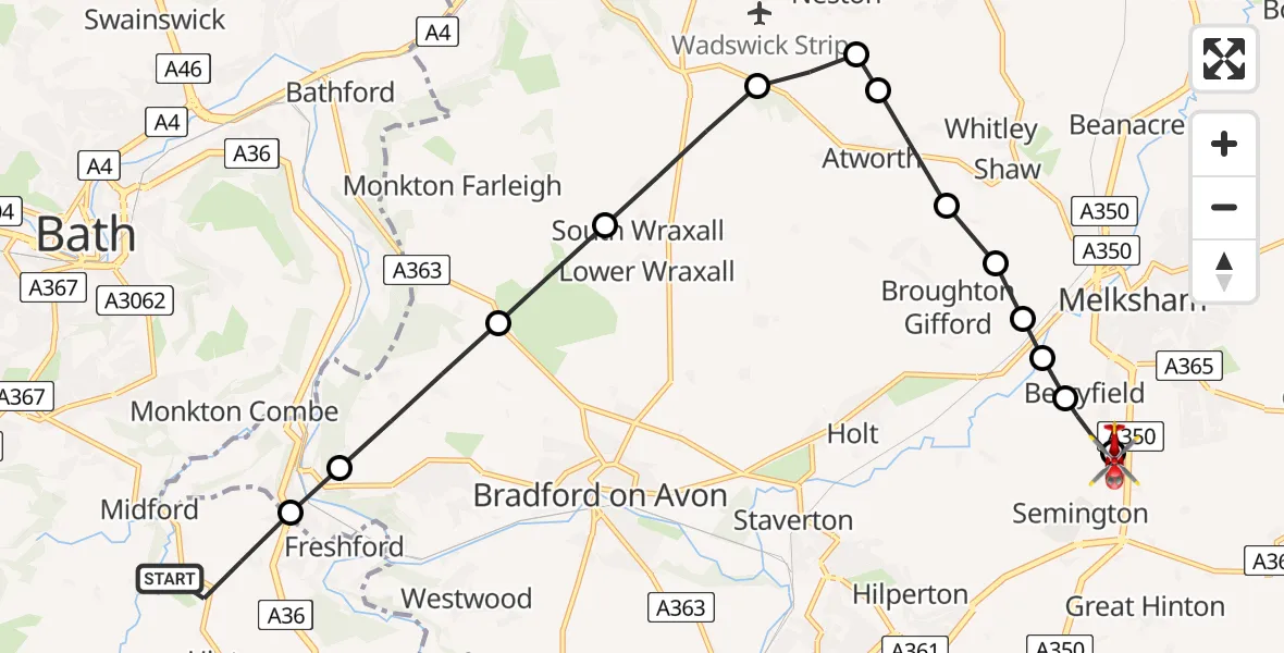 Flight route map: Air Ambulance Helicopter to Wiltshire Air Ambulance, Wiltshire Air Ambulance