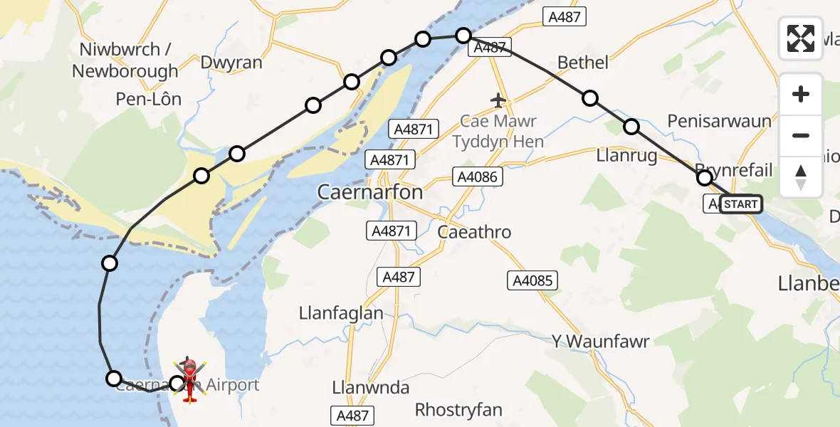 Flight route map: Air Ambulance Helicopter to Caernarfon Airport, Caernarfon Airport