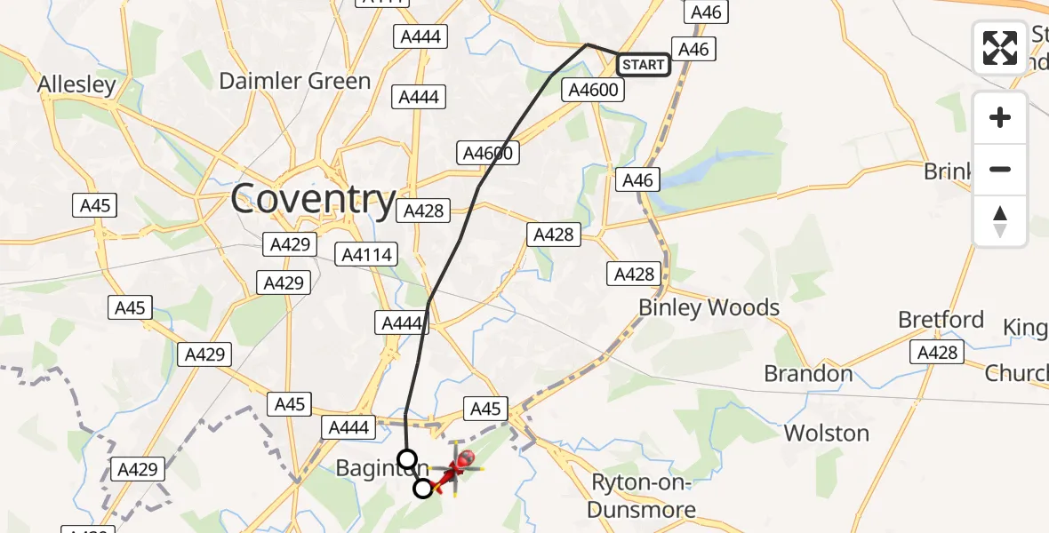 Flight route map: Air Ambulance Helicopter to Coventry Airport, Coventry Airport