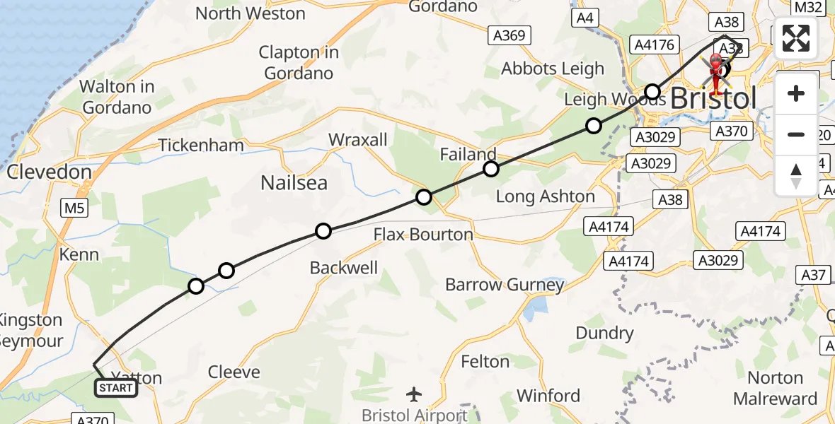 Flight route map: Air Ambulance Helicopter to Bristol Royal Infirmary, Bristol Royal Infirmary