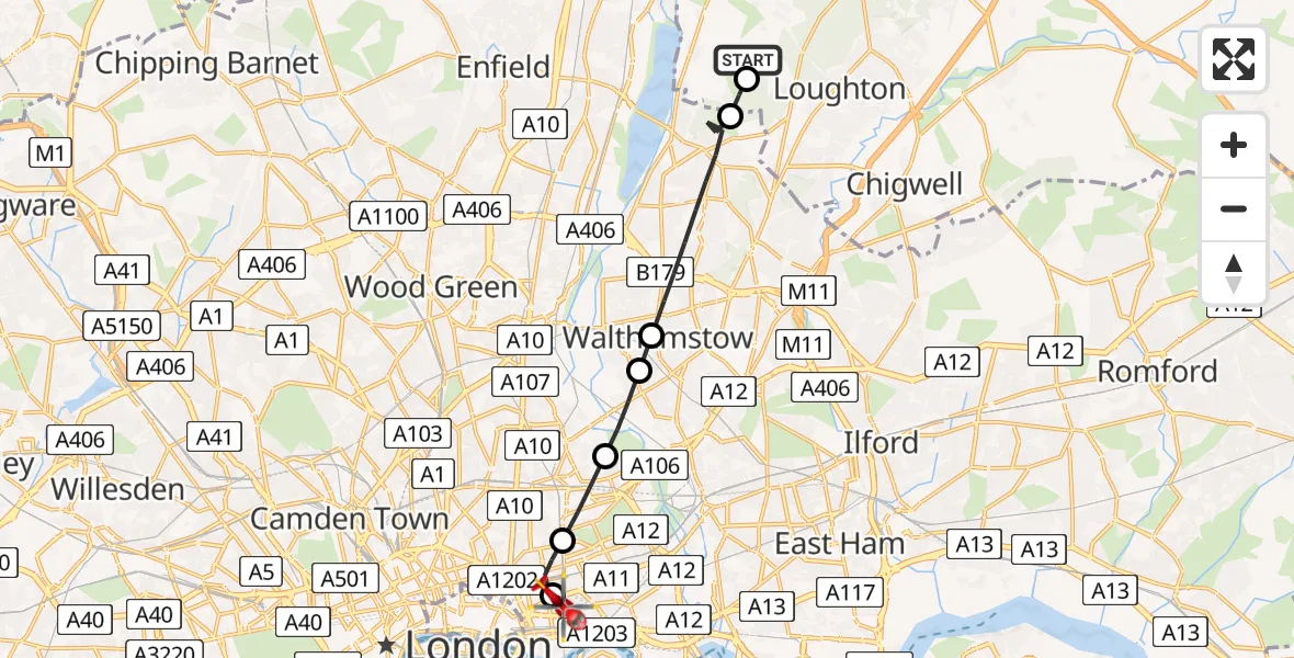 Flight route map: Air Ambulance Helicopter to Royal London Hospital, Royal London Hospital