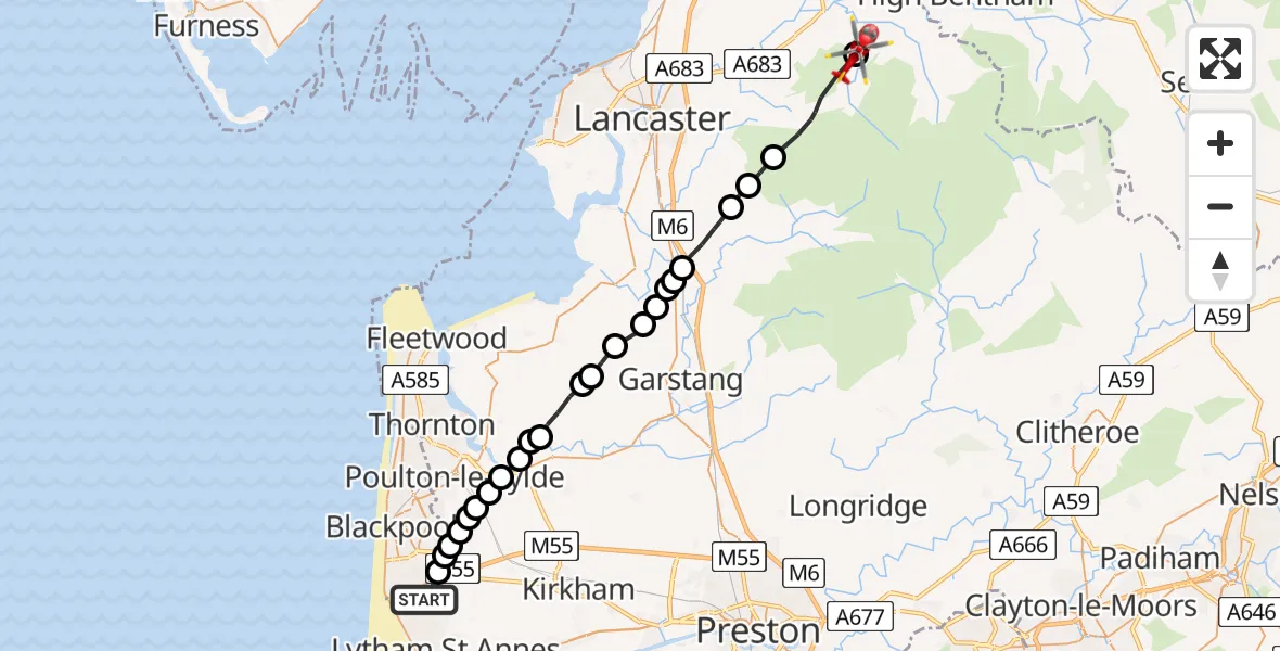 Routekaart van de vlucht: Air Ambulance Helicopter to Hornby, Moor Lane