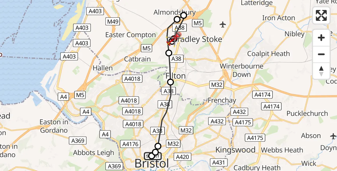 Routekaart van de vlucht: Air Ambulance Helicopter to Bristol, Hempton Lane