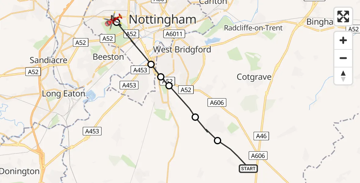Flight route map: Air Ambulance Helicopter to Wollaton, Cambridge Road
