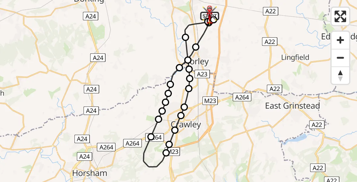 Flight path map showing Air Ambulance Helicopter route from Redhill Aerodrome to Redhill Aerodrome