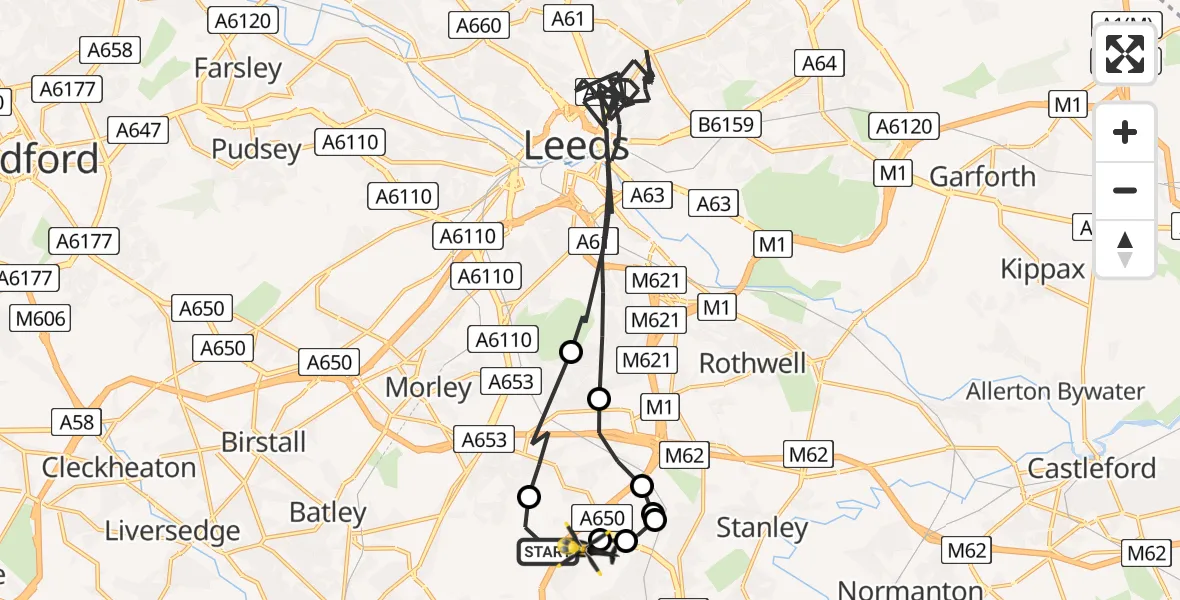 Flight path map showing Police Helicopter route from East Ardsley to Wakefield