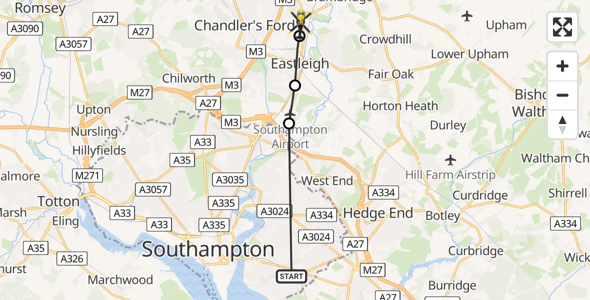 Routekaart van de vlucht: Police Helicopter to Allbrook, Ruskin Road