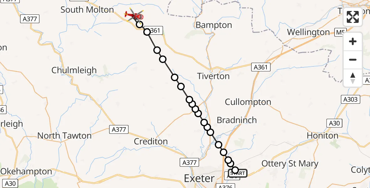 Flight route map: Air Ambulance Helicopter to North Devon, Cross Moor Lane