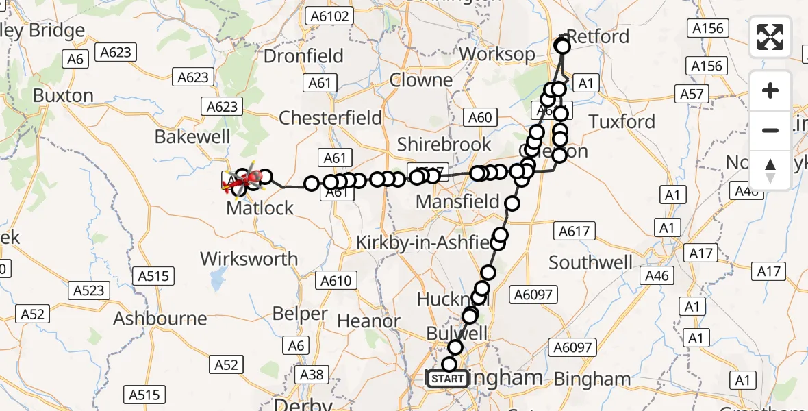 Routekaart van de vlucht: Air Ambulance Helicopter to Darley Hillside, Hallmoor Road