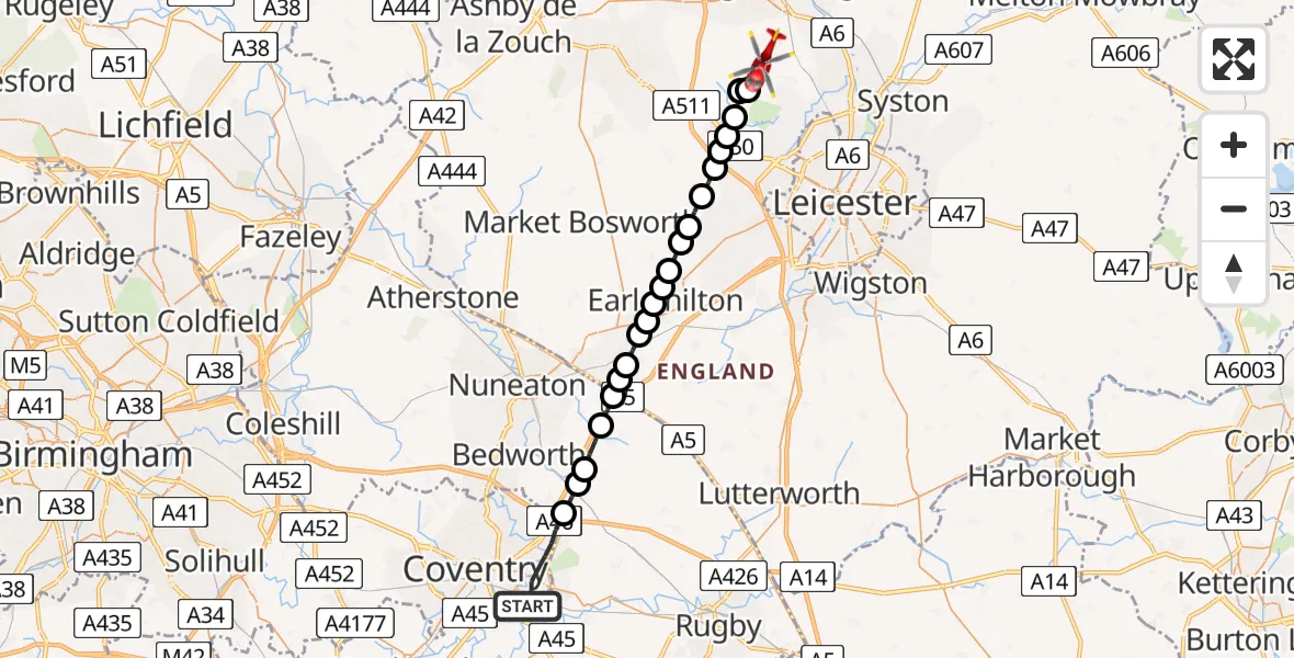 Flight route map: Air Ambulance Helicopter to Woodhouse Eaves, Rawlins Close
