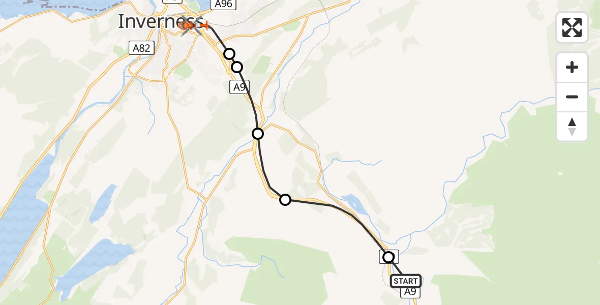Flight route map: Coastguard Helicopter to Inverness, Ashton Road