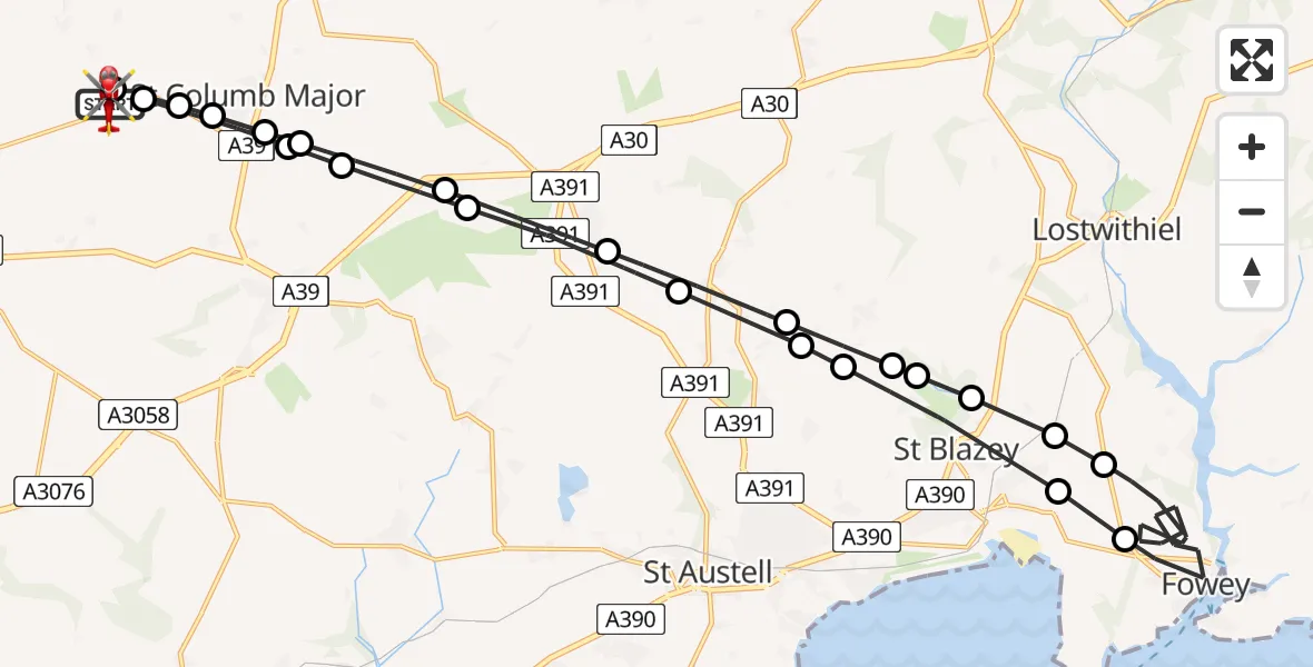 Flight path map showing Air Ambulance Helicopter route from Cornwall Airport Newquay to Cornwall Airport Newquay