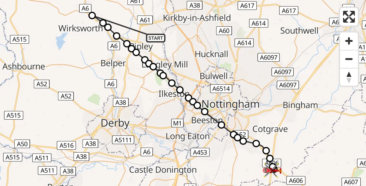 Routekaart van de vlucht: Air Ambulance Helicopter to Nottingham Heliport, Nottingham Heliport