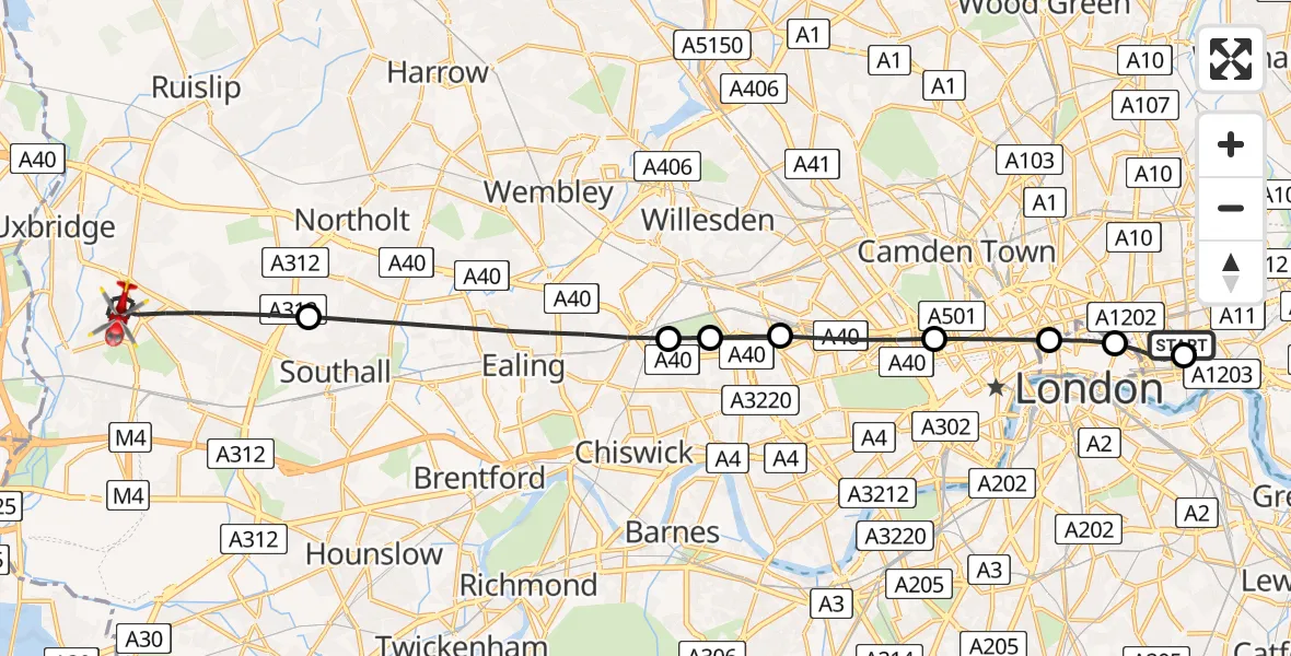Flight route map: Air Ambulance Helicopter to London Borough of Hillingdon, Pield Heath Road