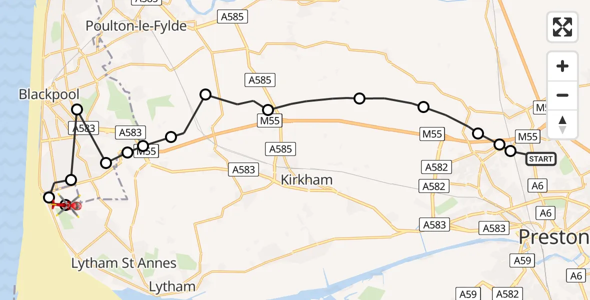 Flight route map: Air Ambulance Helicopter to Blackpool Airport, Blackpool Airport
