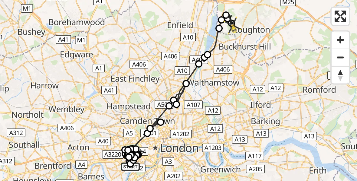Flight route map: Police Helicopter to Metropolitan Police Air Support Unit Lippitts Hill, Metropolitan Police Air Support Unit Lippitts Hill