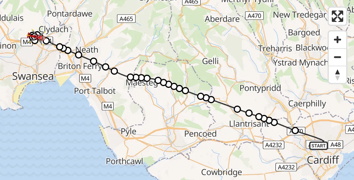 Flight route map: Air Ambulance Helicopter to Morriston Hospital Helipad, Morriston Hospital Helipad