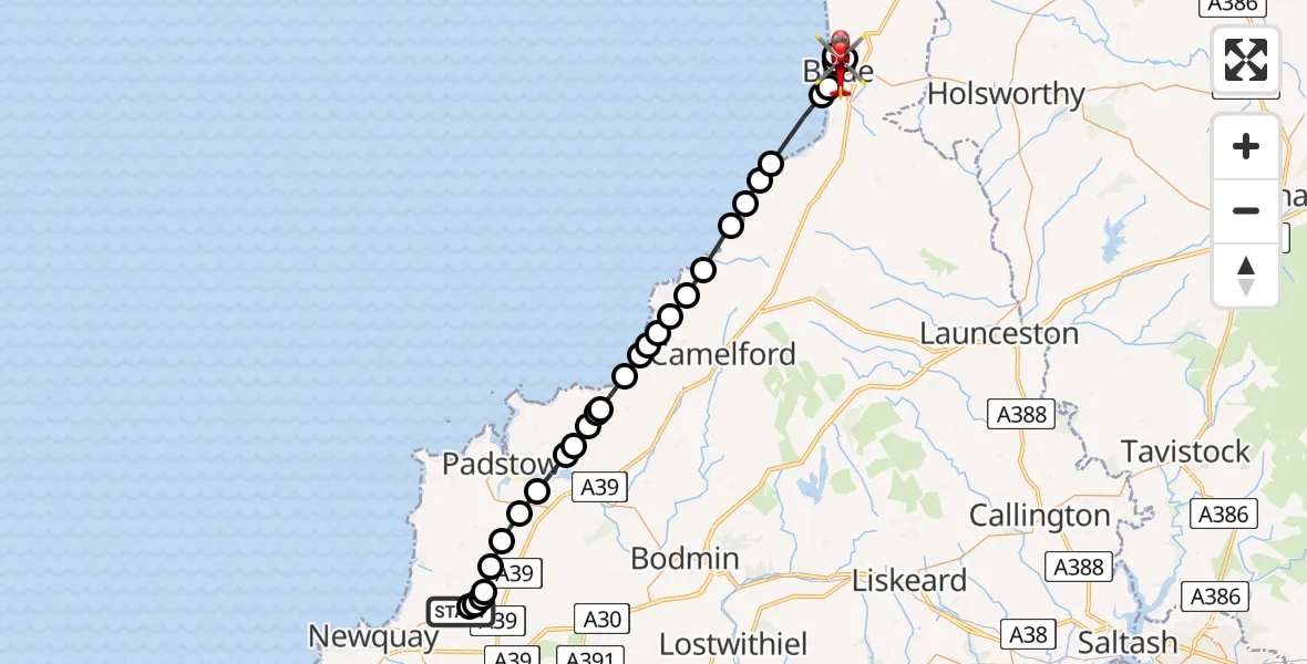Flight route map: Air Ambulance Helicopter to Bude, Queen Street