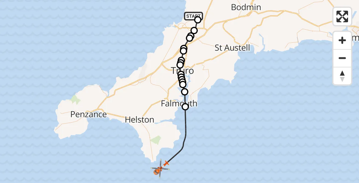 Flight route map: Coastguard Helicopter to English Channel, English Channel