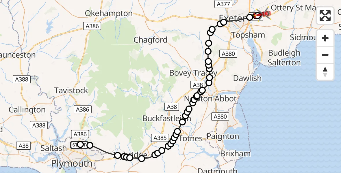 Flight route map: Air Ambulance Helicopter to Exeter International Airport, Exeter International Airport