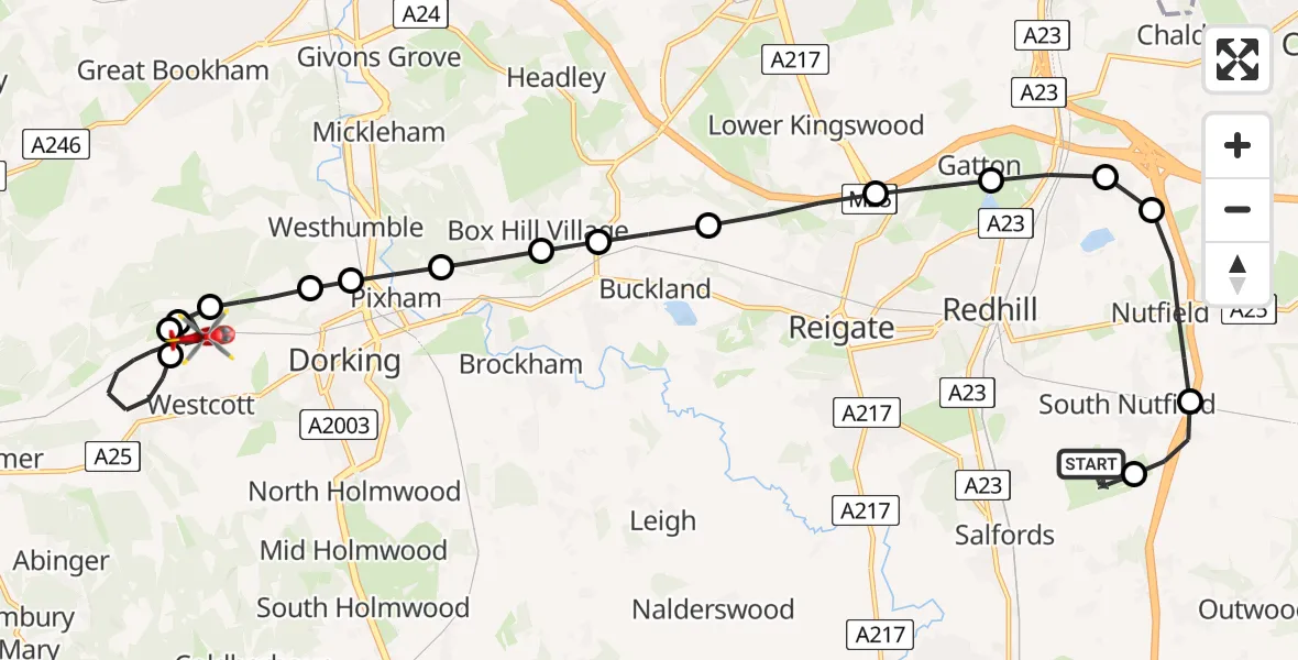 Flight route map: Air Ambulance Helicopter to Westcott, Pilgrims' Way