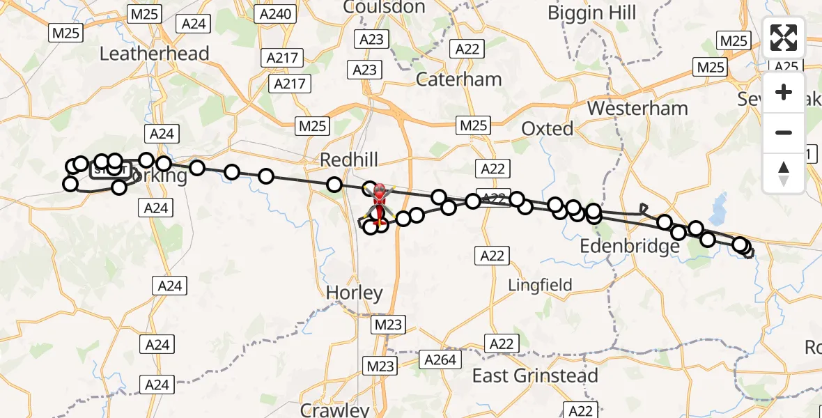 Flight route map: Air Ambulance Helicopter to Redhill Aerodrome, Redhill Aerodrome
