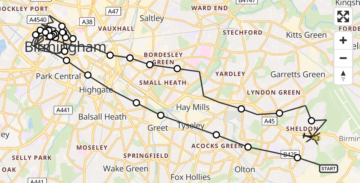Flight route map: Police Helicopter to Solihull, Valley Road