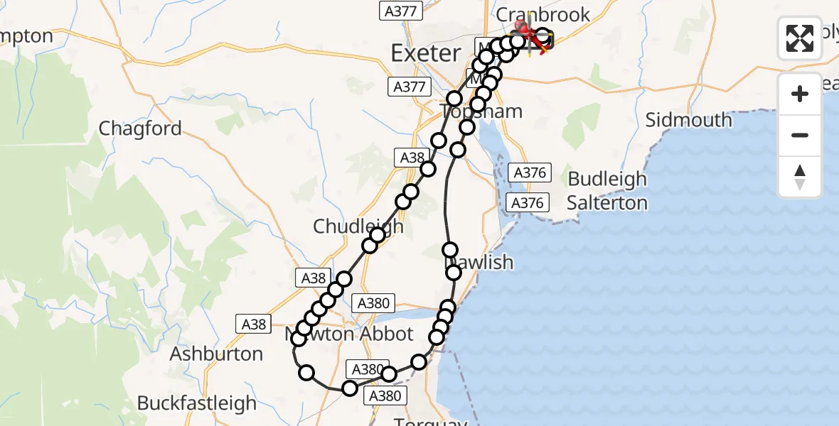 Flight path map showing Air Ambulance Helicopter route from Exeter International Airport to Exeter International Airport