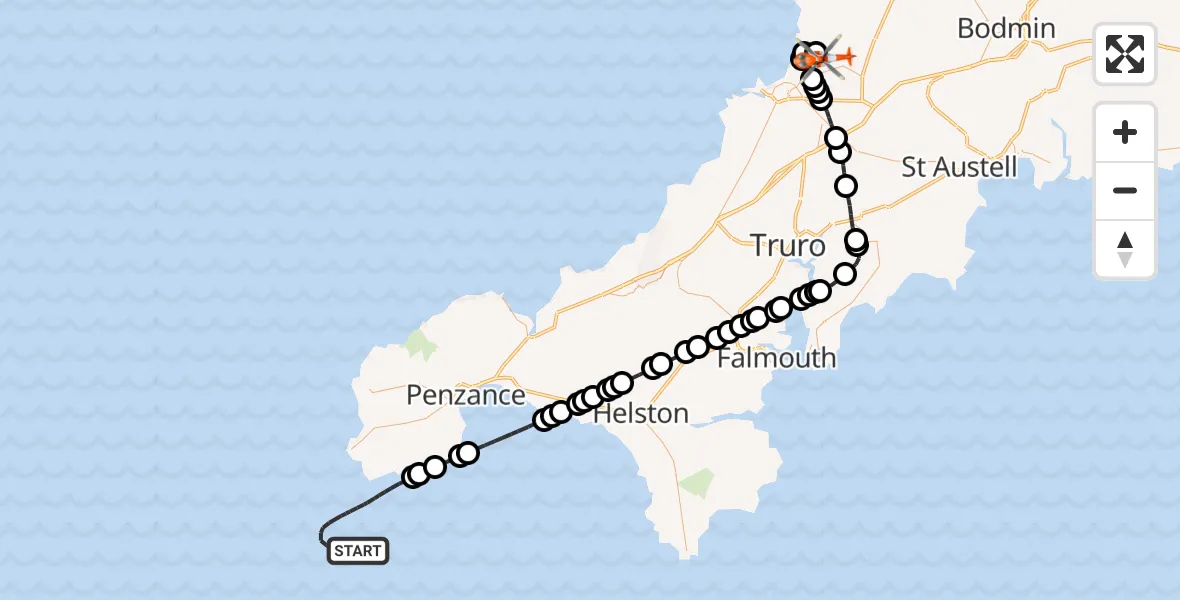 Flight route map: Coastguard Helicopter to Cornwall Airport Newquay, Cornwall Airport Newquay