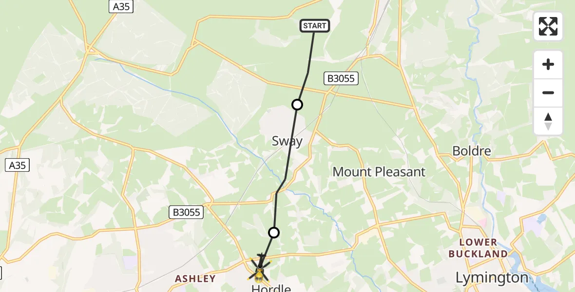 Routekaart van de vlucht: Police Helicopter to Hordle, Silver Street